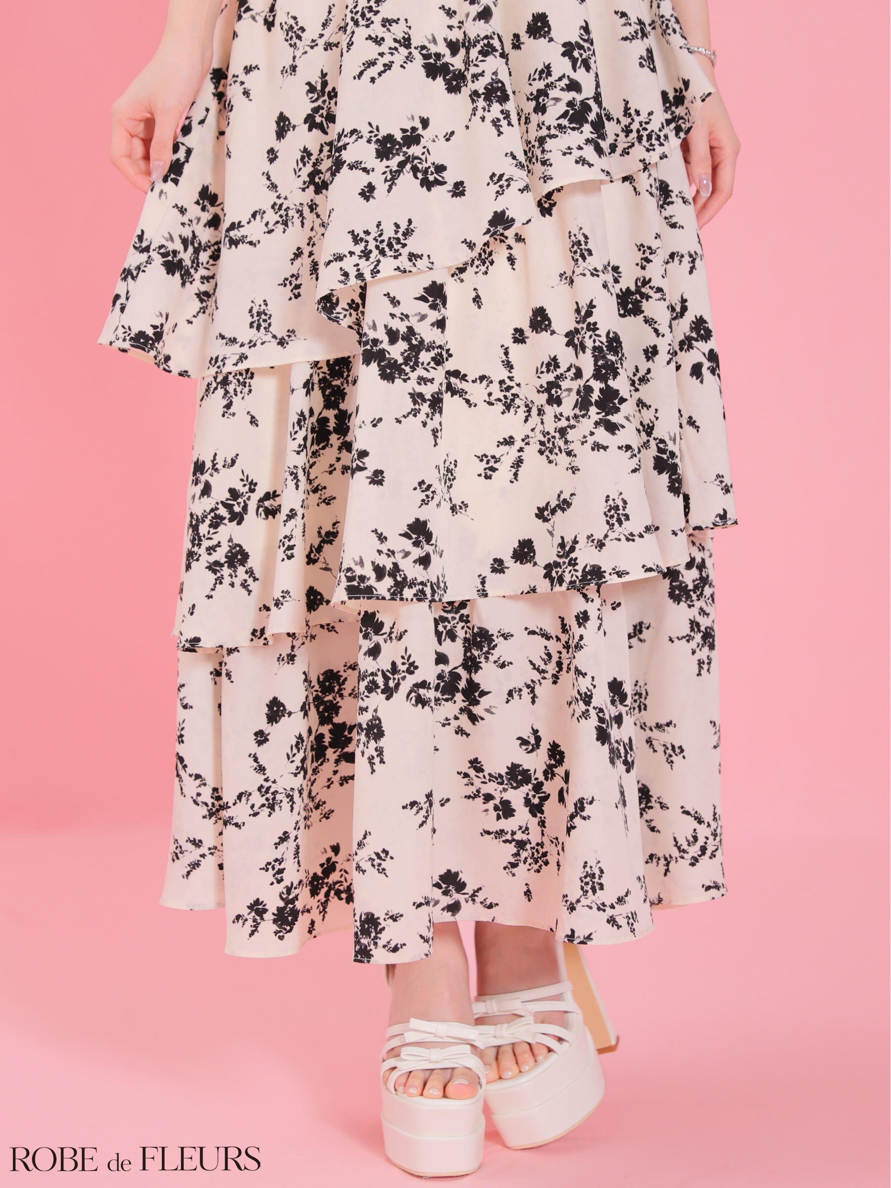 キャミソール リボンショルダー フラワープリント ティアード ウエストカット ジップデザイン Aラインロングドレスのイメージ画像8