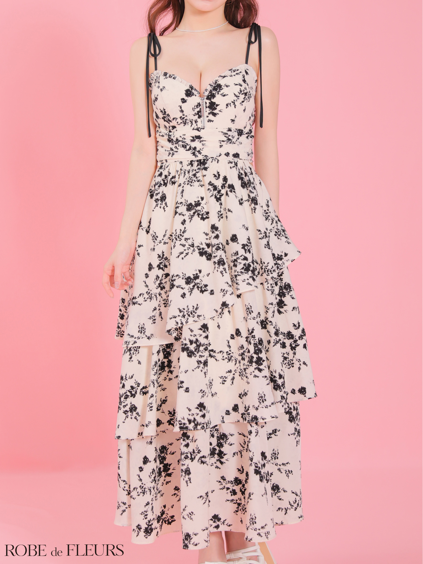 キャミソール リボンショルダー フラワープリント ティアード ウエストカット ジップデザイン Aラインロングドレスのイメージ画像4