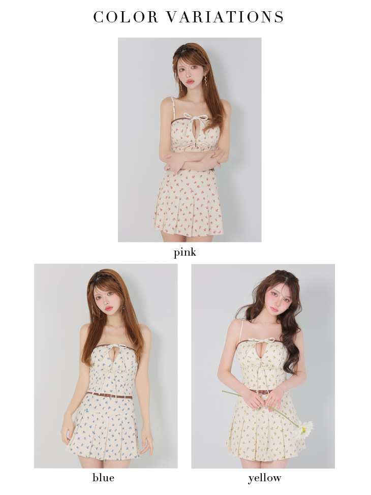 セットアップ レザーパイピング 小花柄 リボン キャミソール 2way ベア フレアミニドレスのイメージ画像6