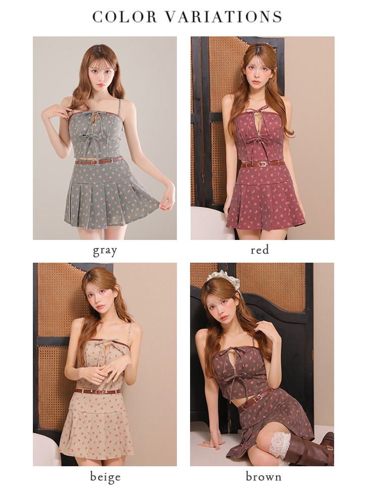 セットアップ レザーパイピング 小花柄 リボン キャミソール 2way ベア フレアミニドレスのイメージ画像8