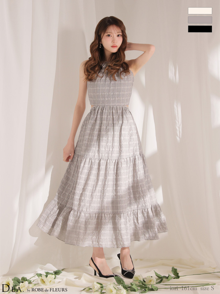 ホルターネック バックカット チェック柄 ティアード エレガント Aラインロングドレスのイメージ画像2