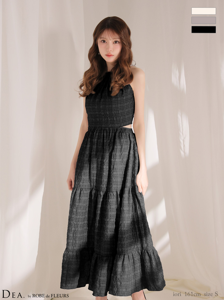 ホルターネック バックカット チェック柄 ティアード エレガント Aラインロングドレスのイメージ画像3