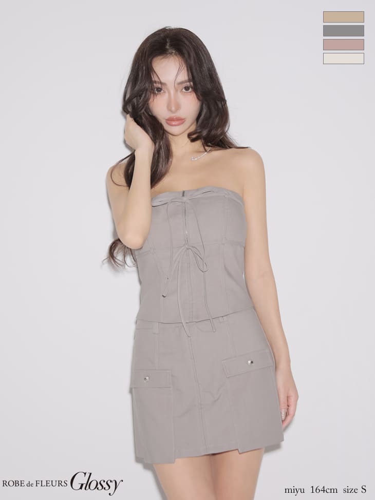 ベア リボン ジップデザイン ポケットデザイン セットアップ ワンカラー タイトミニドレスのイメージ画像2