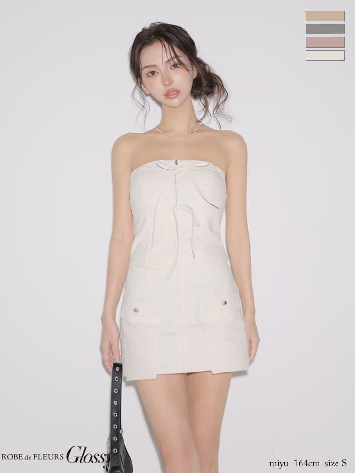 ベア リボン ジップデザイン ポケットデザイン セットアップ ワンカラー タイトミニドレスのイメージ画像4