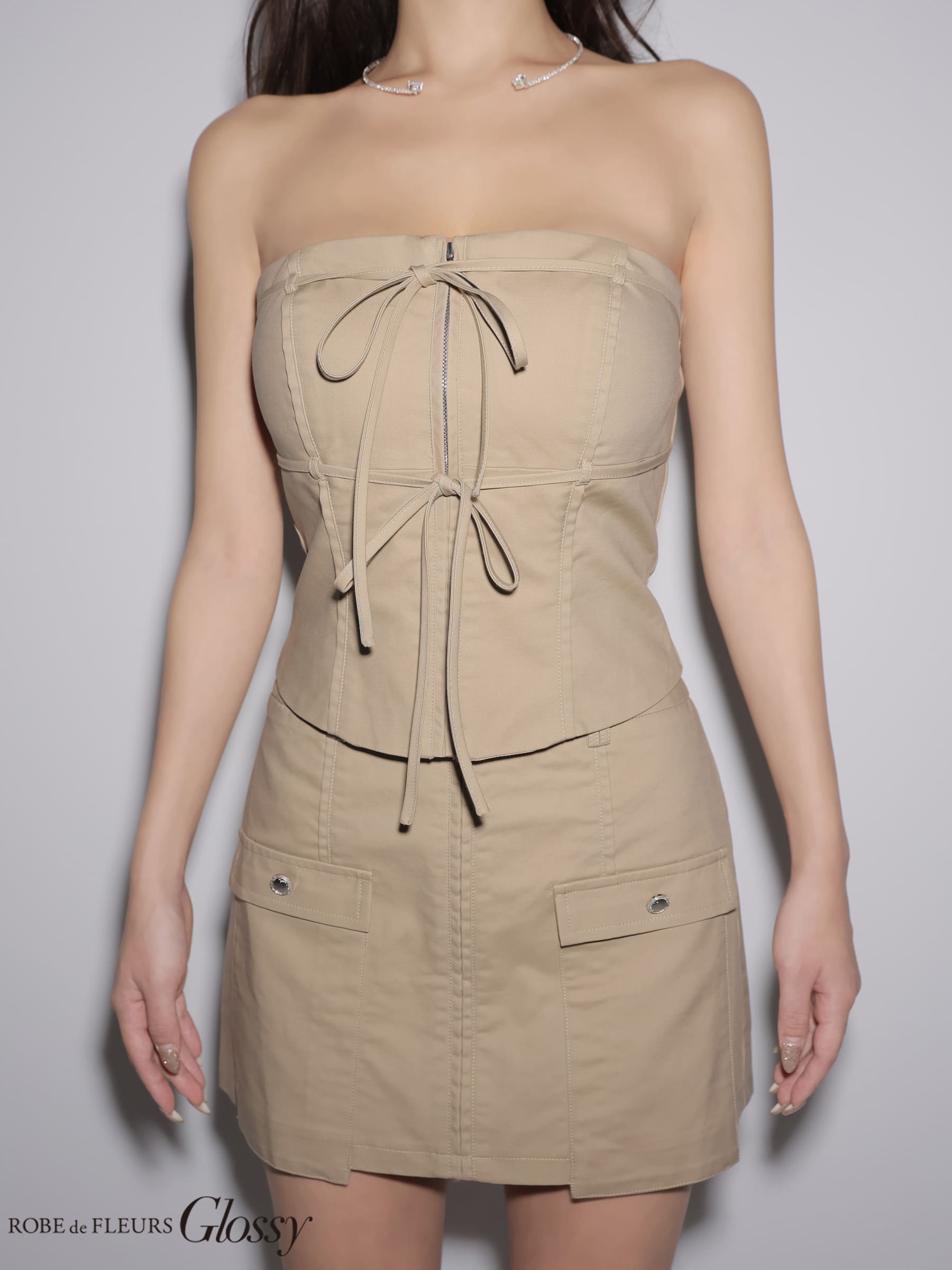 ベア リボン ジップデザイン ポケットデザイン セットアップ ワンカラー タイトミニドレスのイメージ画像5