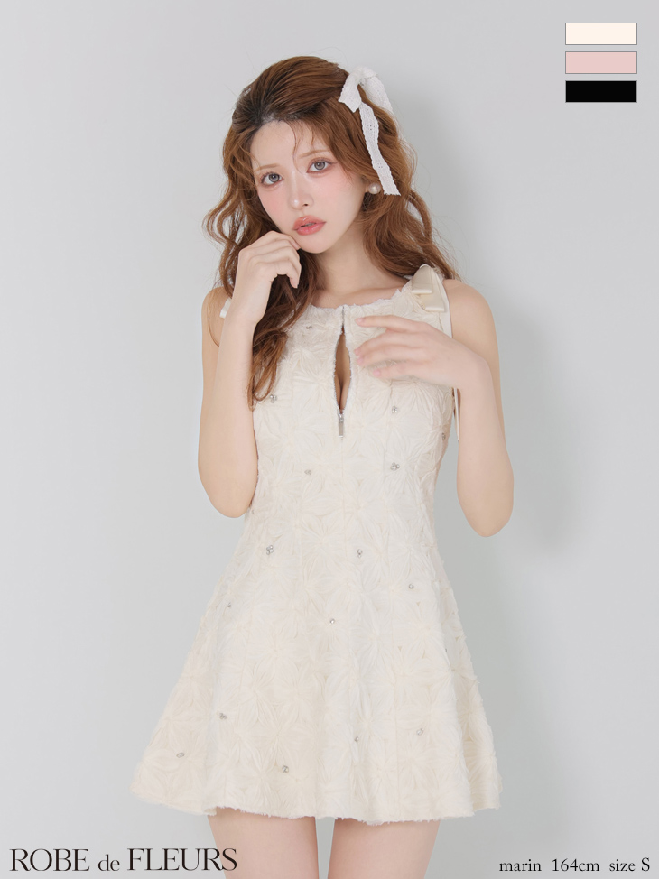 ノースリーブ リボン ジップデザイン ガーリー フラッフィー フラワーレース ビジュー フレアミニドレスのイメージ画像1