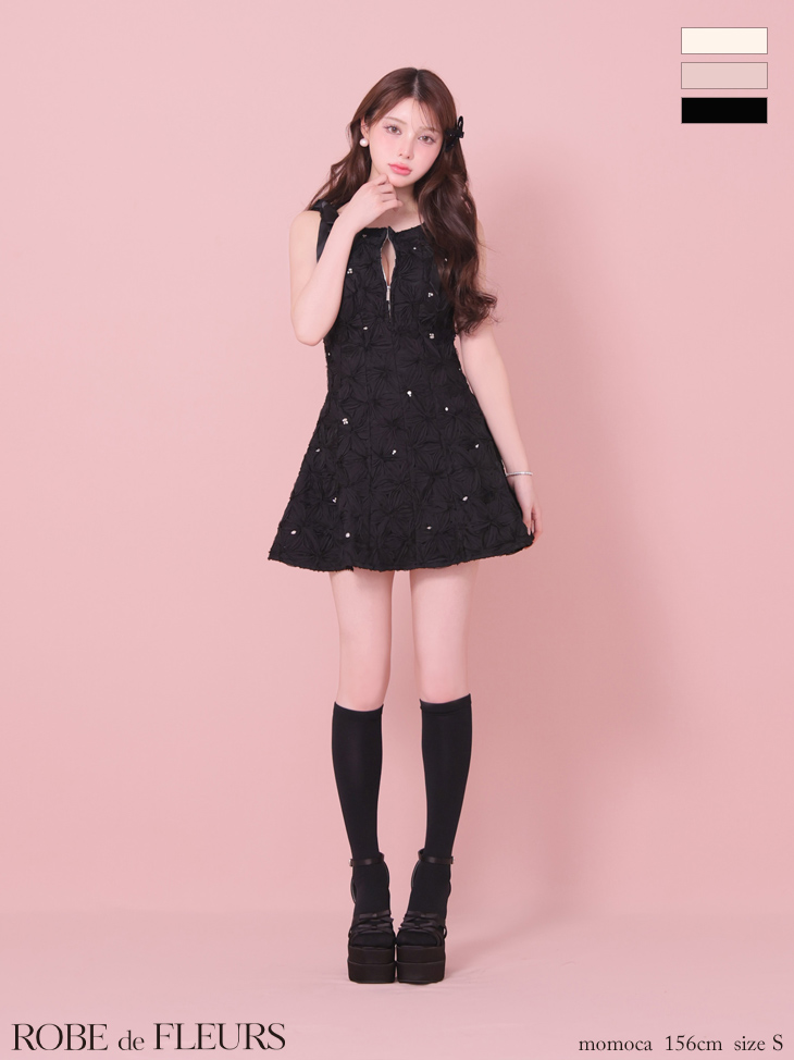 ノースリーブ リボン ジップデザイン ガーリー フラッフィー フラワーレース ビジュー フレアミニドレスのイメージ画像3