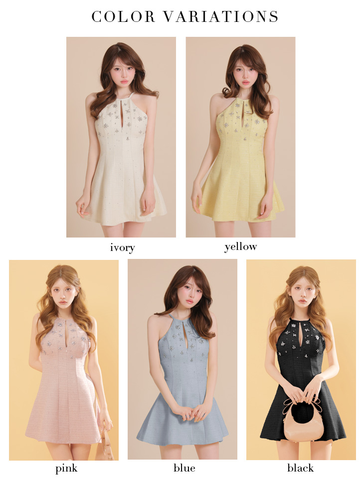 ホルターネック ビジュー ラメツイード バックシャン ネックリボン フレアミニドレスのイメージ画像8