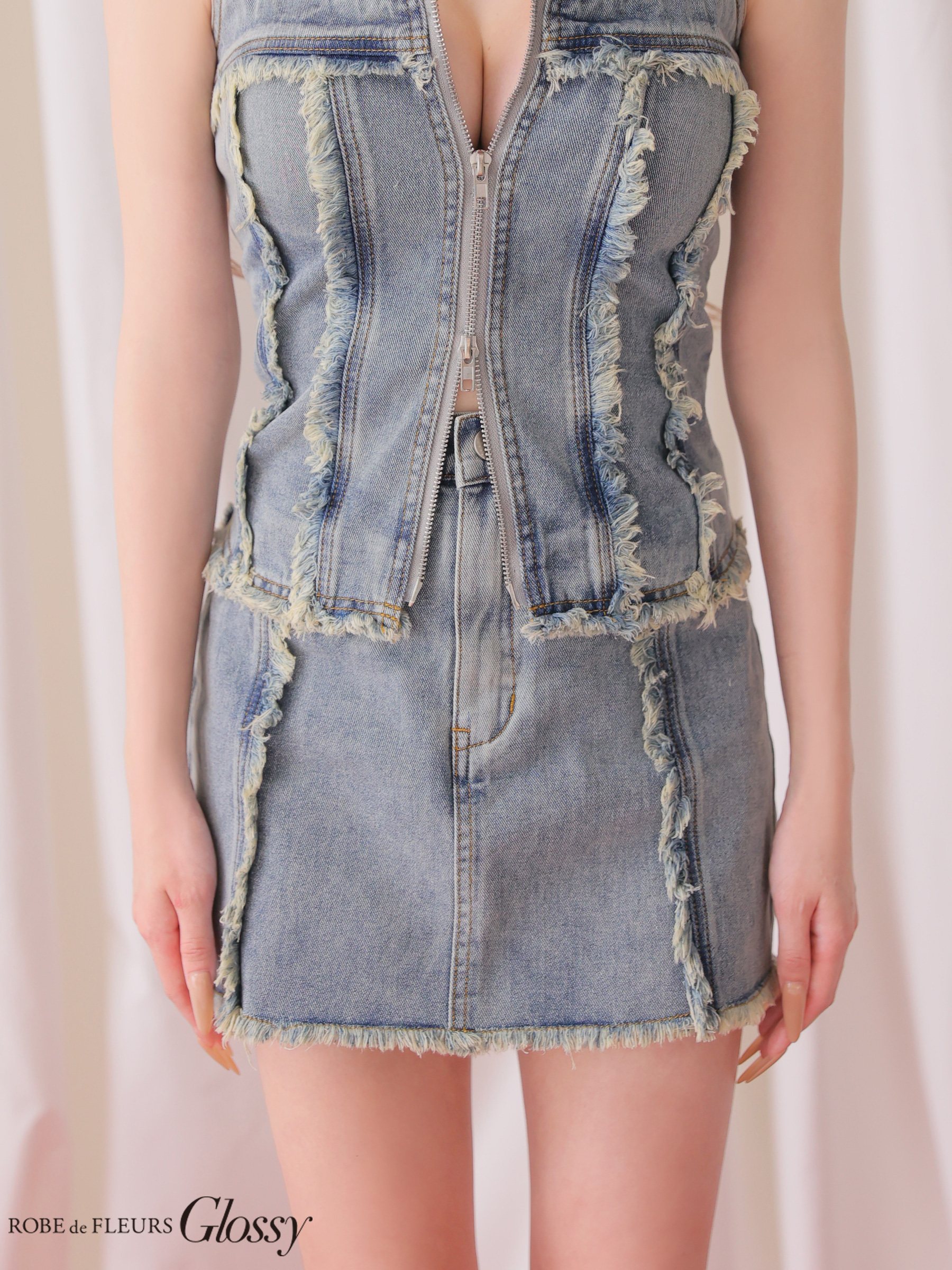 デニム セットアップ ジップデザイン ノースリーブ フリンジ モード タイトミニドレスのイメージ画像7