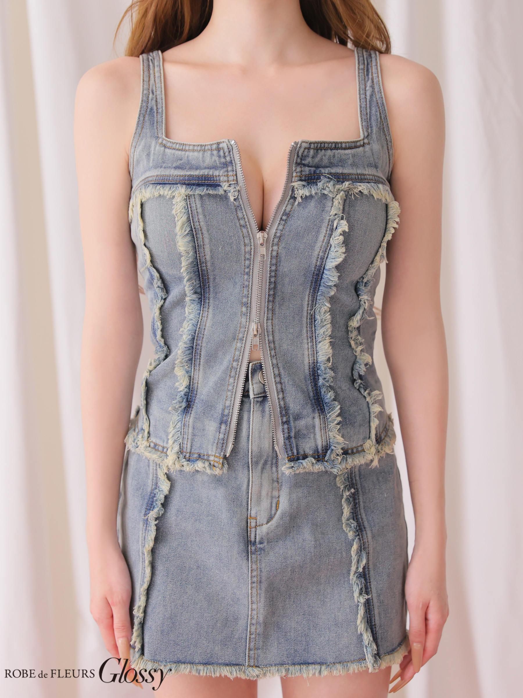 デニム セットアップ ジップデザイン ノースリーブ フリンジ モード タイトミニドレスのイメージ画像3