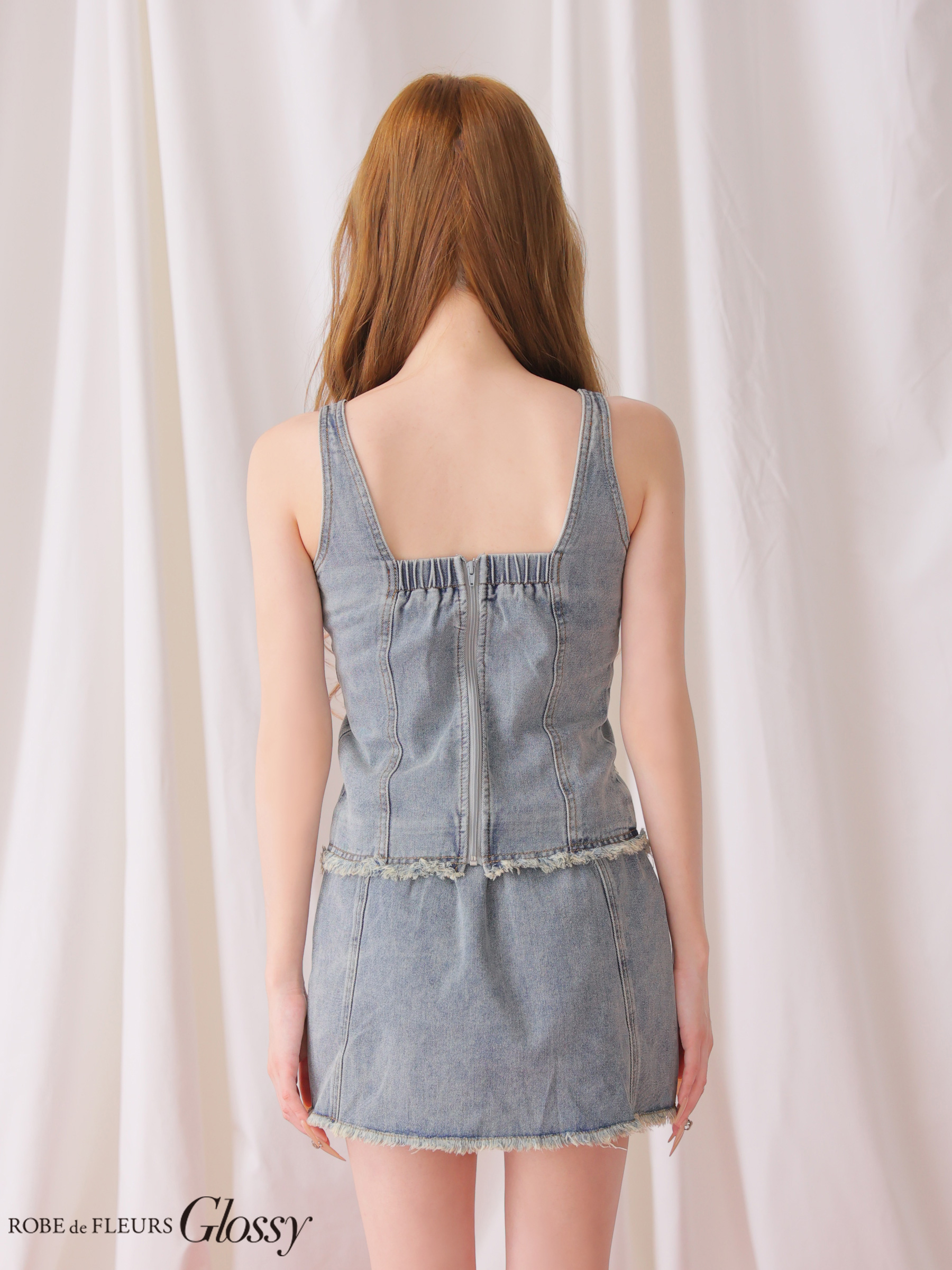 デニム セットアップ ジップデザイン ノースリーブ フリンジ モード タイトミニドレスのイメージ画像4