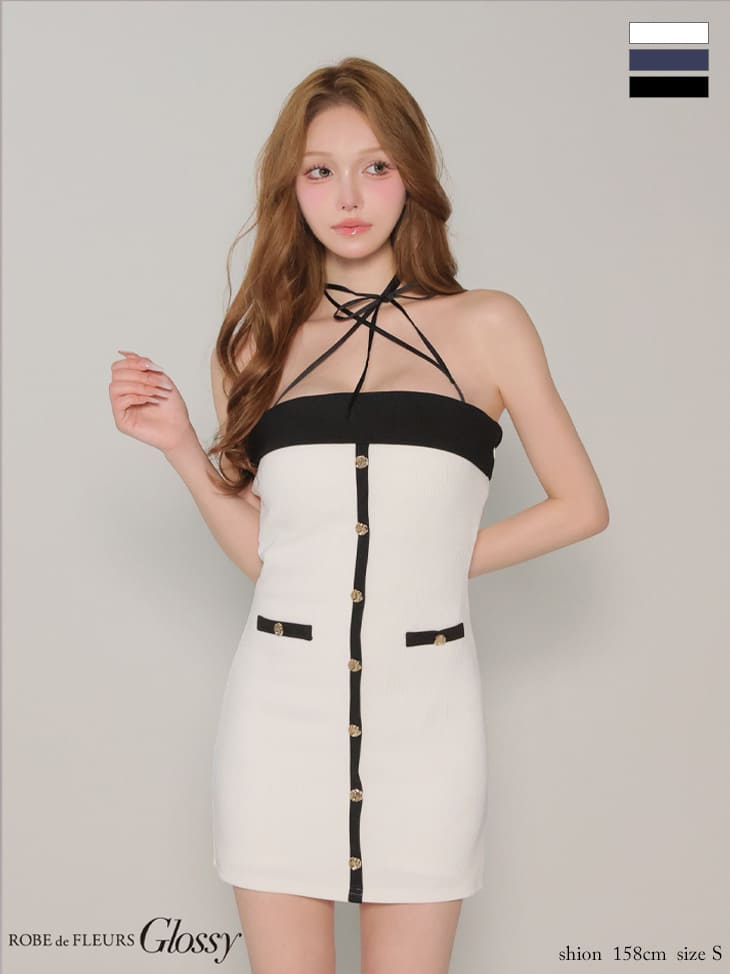 2way ホルターネック クロスリボン フロントボタン リブニット バイカラー タイトミニドレスのイメージ画像1