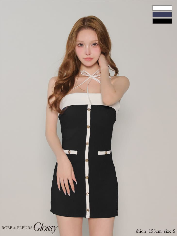 2way ホルターネック クロスリボン フロントボタン リブニット バイカラー タイトミニドレスのイメージ画像3