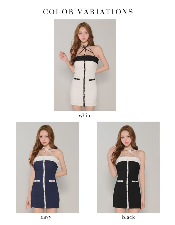 2way ホルターネック クロスリボン フロントボタン リブニット バイカラー タイトミニドレスのイメージ画像6