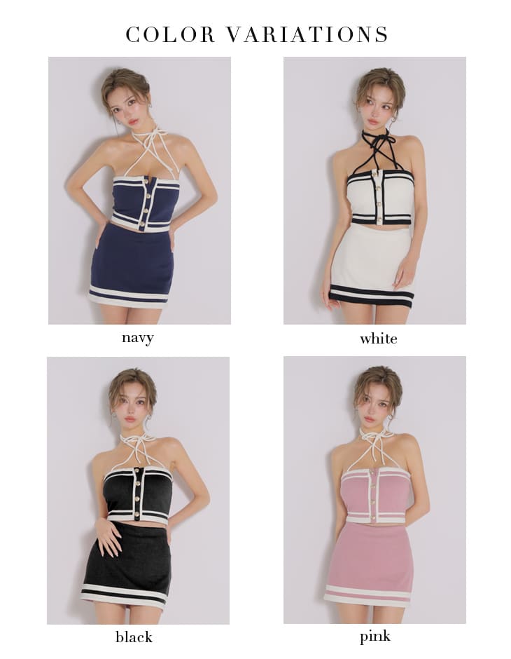 ホルターネック クロスリボン ゴールドボタン ニット セットアップ タイトミニドレスのイメージ画像7