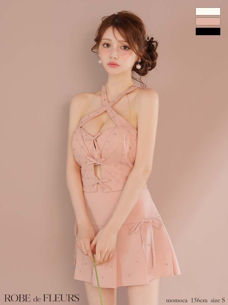 ホルターネック クロスデザイン リボン ビジュー セットアップ フレアミニドレスのイメージ画像2