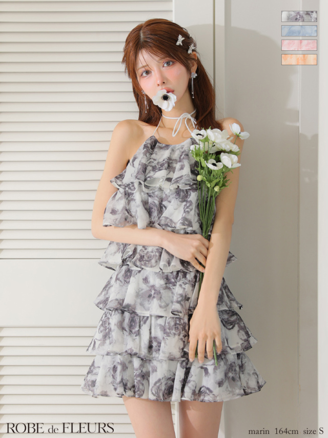 ホルターネック ティアード 花柄プリント シフォン フレアミニドレスのイメージ画像1