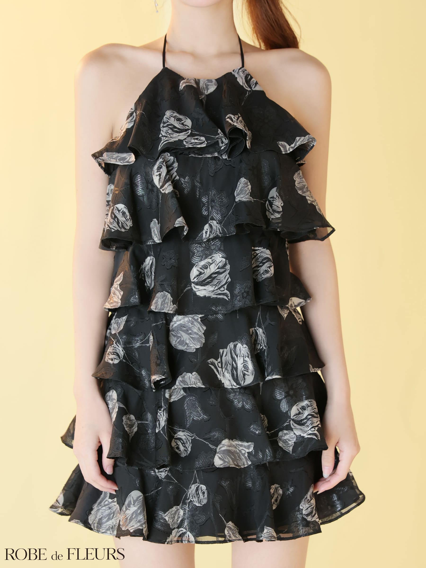 ホルターネック フラワージャガード シフォン ティアード バックシャン フレアミニドレスのイメージ画像4