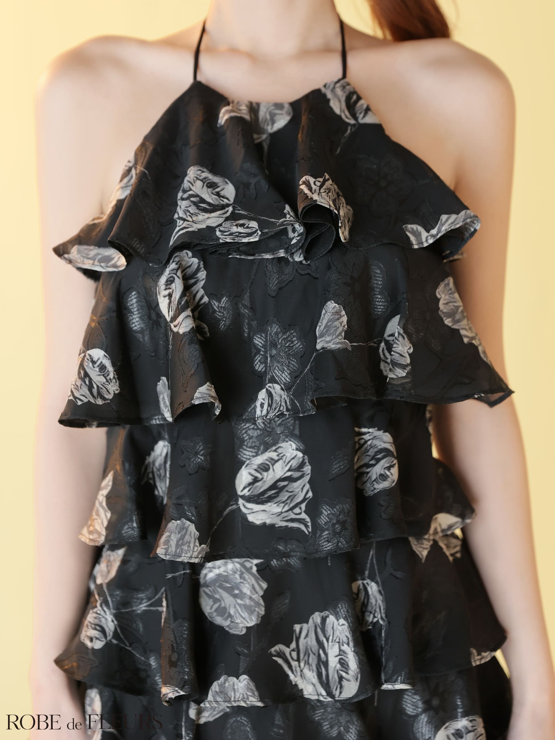 ホルターネック フラワージャガード シフォン ティアード バックシャン フレアミニドレスのイメージ画像7