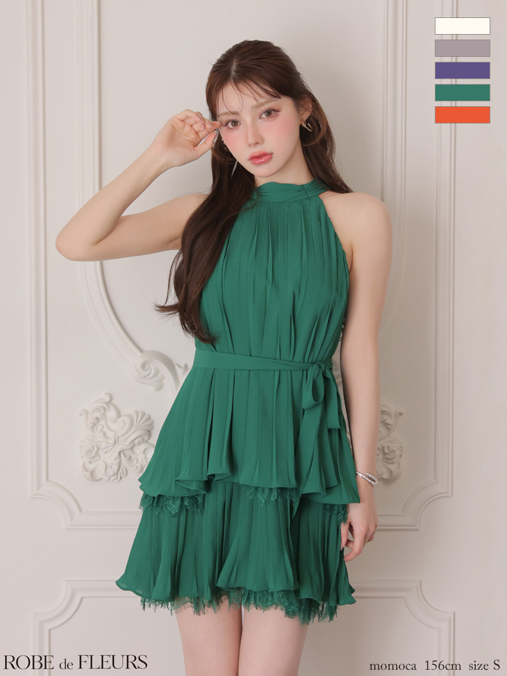 ホルターネック シフォン ウエストリボン ワンカラー プリーツ フレアミニドレスのイメージ画像4