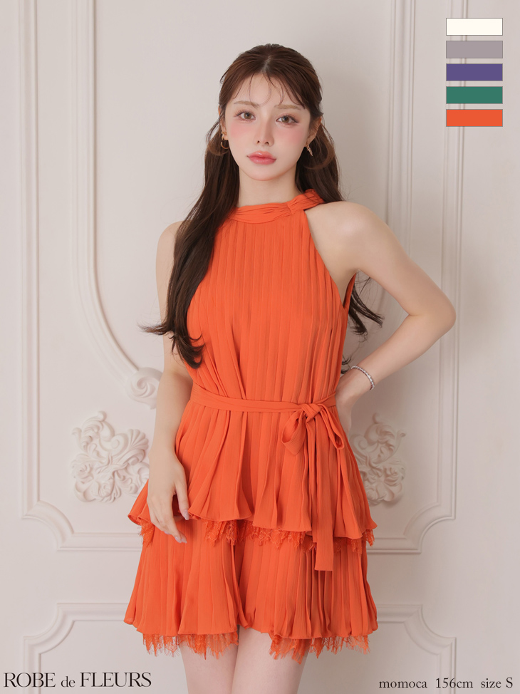 ホルターネック シフォン ウエストリボン ワンカラー プリーツ フレアミニドレスのイメージ画像5