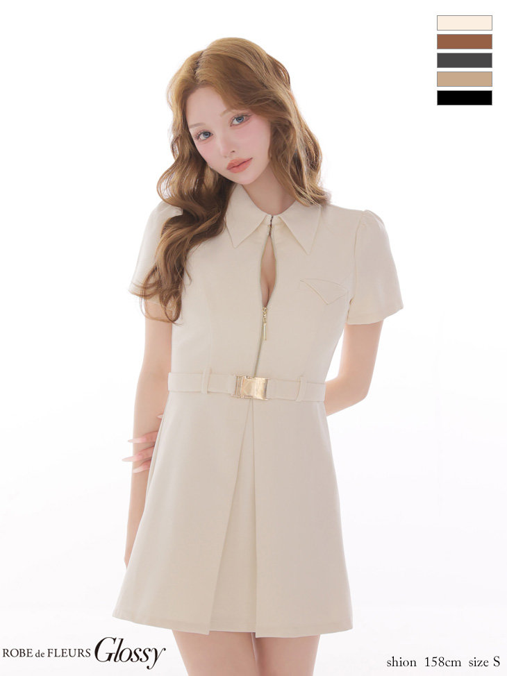 半袖 ジップデザイン 襟付き ウエストベルト ワンカラー フレアミニドレスのイメージ画像5