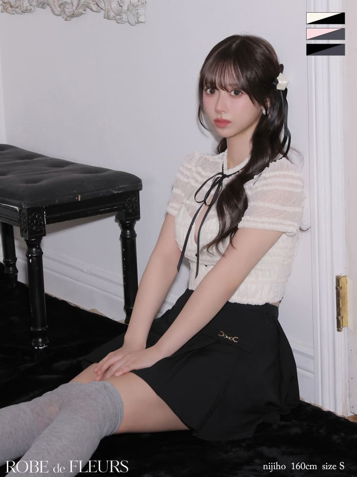 バストカット フリル リボン 半袖 セットアップ プリーツスカート ドット柄 バイカラー フレアミニドレスのイメージ画像1