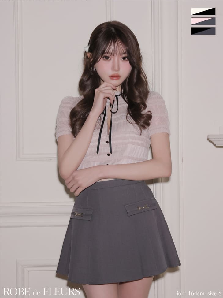 バストカット フリル リボン 半袖 セットアップ プリーツスカート ドット柄 バイカラー フレアミニドレスのイメージ画像2