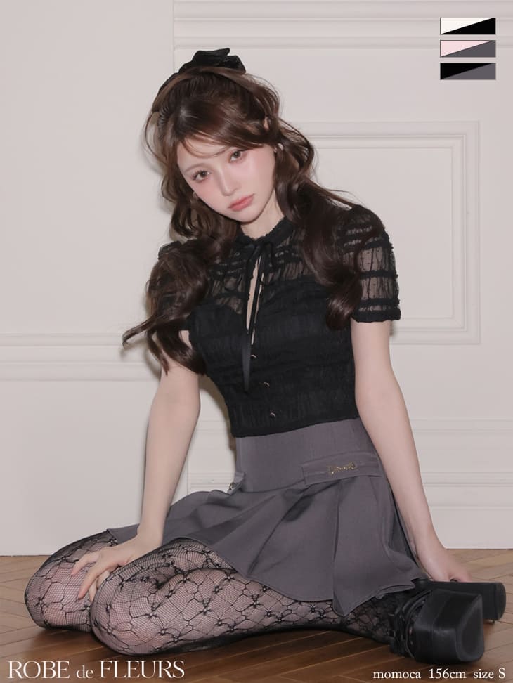 バストカット フリル リボン 半袖 セットアップ プリーツスカート ドット柄 バイカラー フレアミニドレスのイメージ画像3