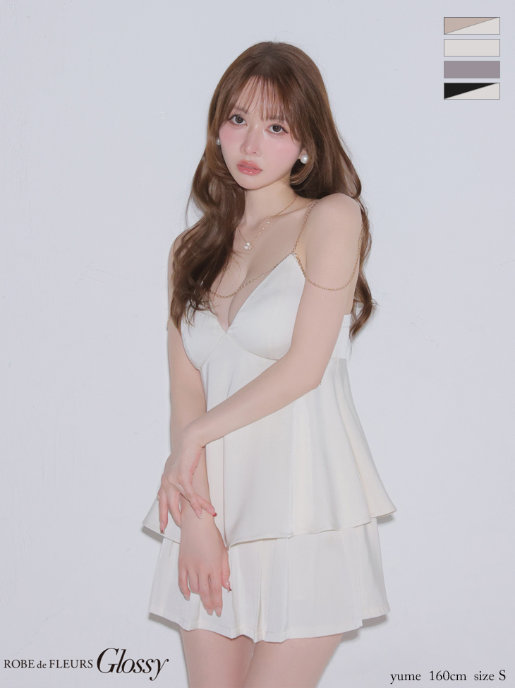 セクシー オープンバスト チョーカー付き キャミソール ダブルボタン セットアップ プリーツ フレアミニドレスのイメージ画像2