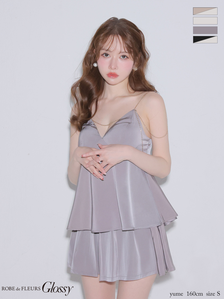 セクシー オープンバスト チョーカー付き キャミソール ダブルボタン セットアップ プリーツ フレアミニドレスのイメージ画像3