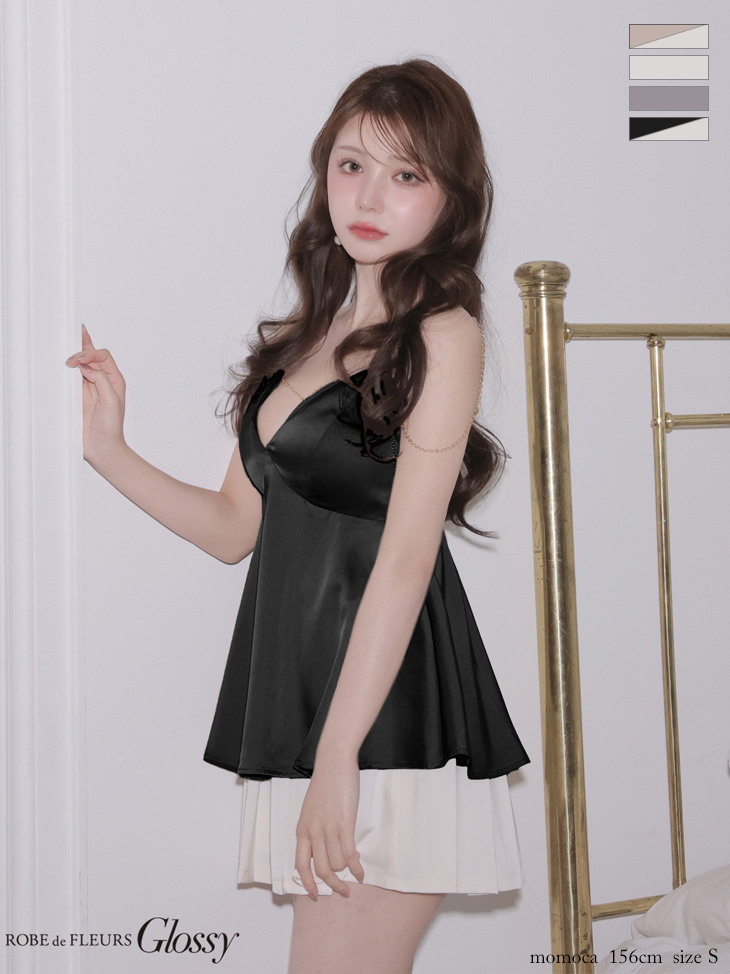 セクシー オープンバスト チョーカー付き キャミソール ダブルボタン セットアップ プリーツ フレアミニドレスのイメージ画像4