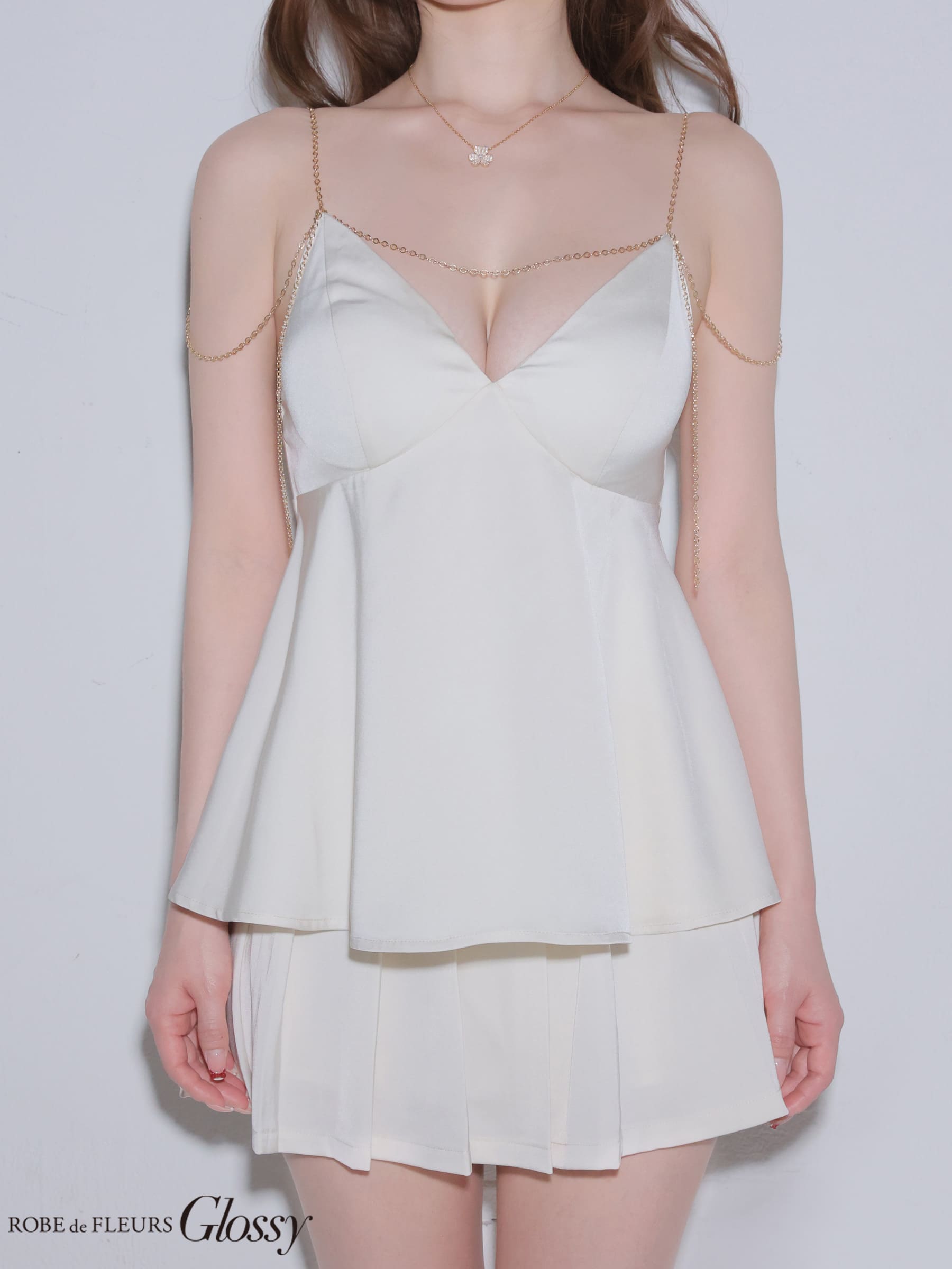 セクシー オープンバスト チョーカー付き キャミソール ダブルボタン セットアップ プリーツ フレアミニドレスのイメージ画像5