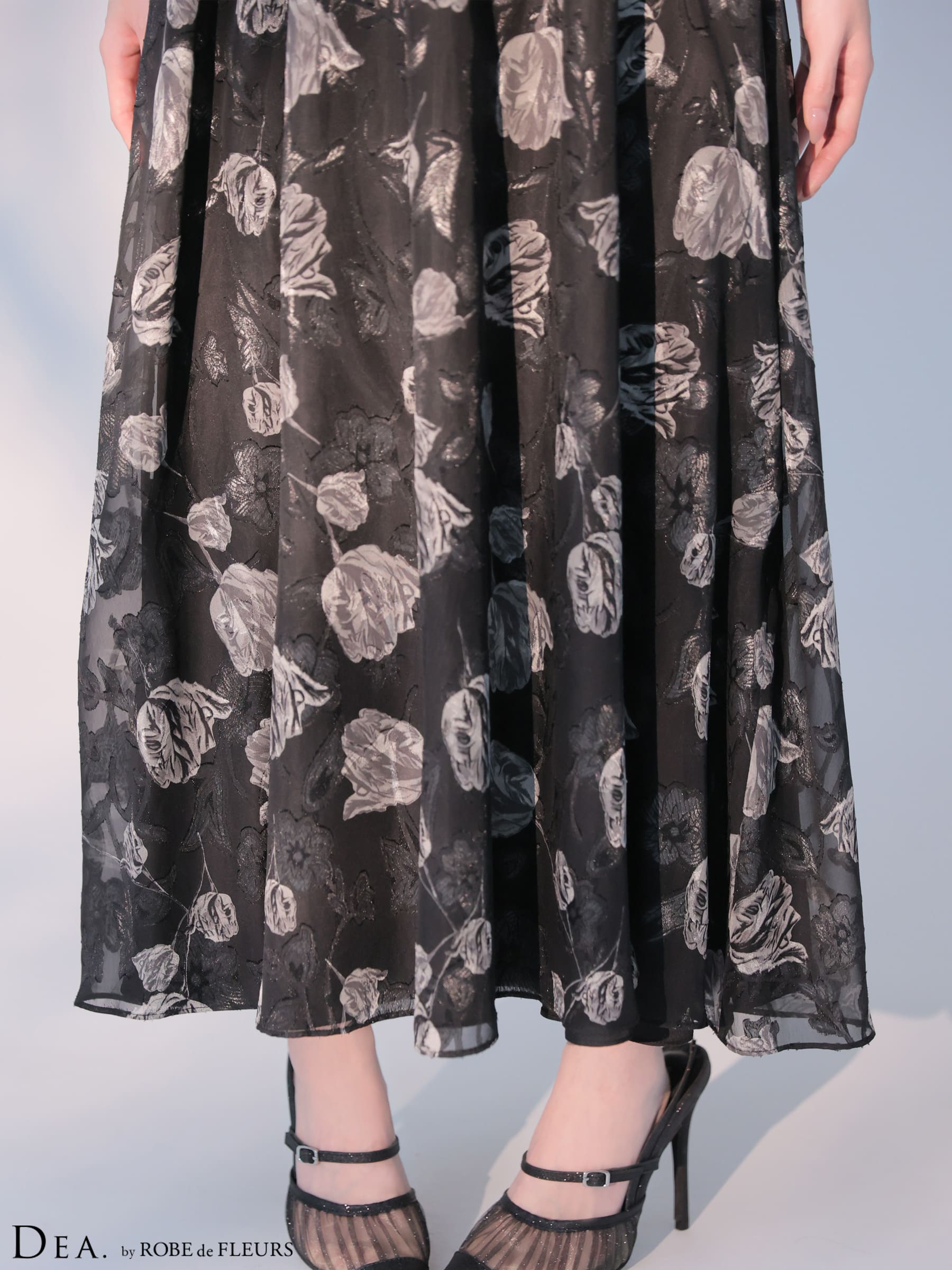 ノースリーブ オーガンジ ティアード ジップデザイン ウエストベルト フラワー フレアロングドレスのイメージ画像8