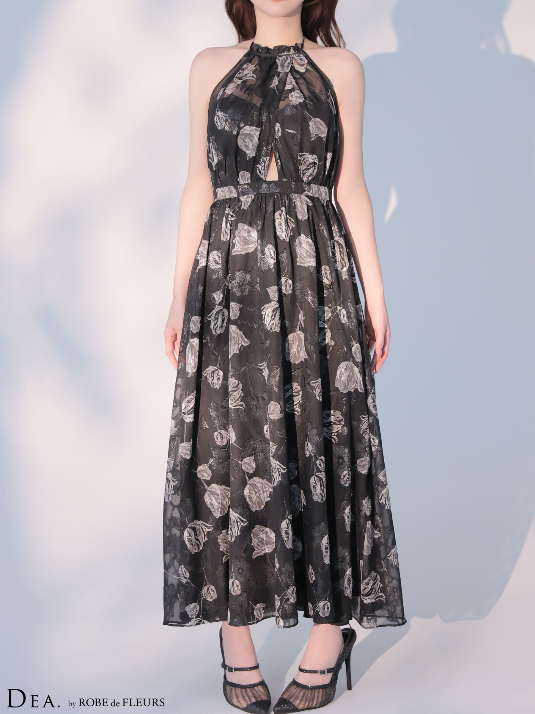 ノースリーブ オーガンジ ティアード ジップデザイン ウエストベルト フラワー フレアロングドレスのイメージ画像4