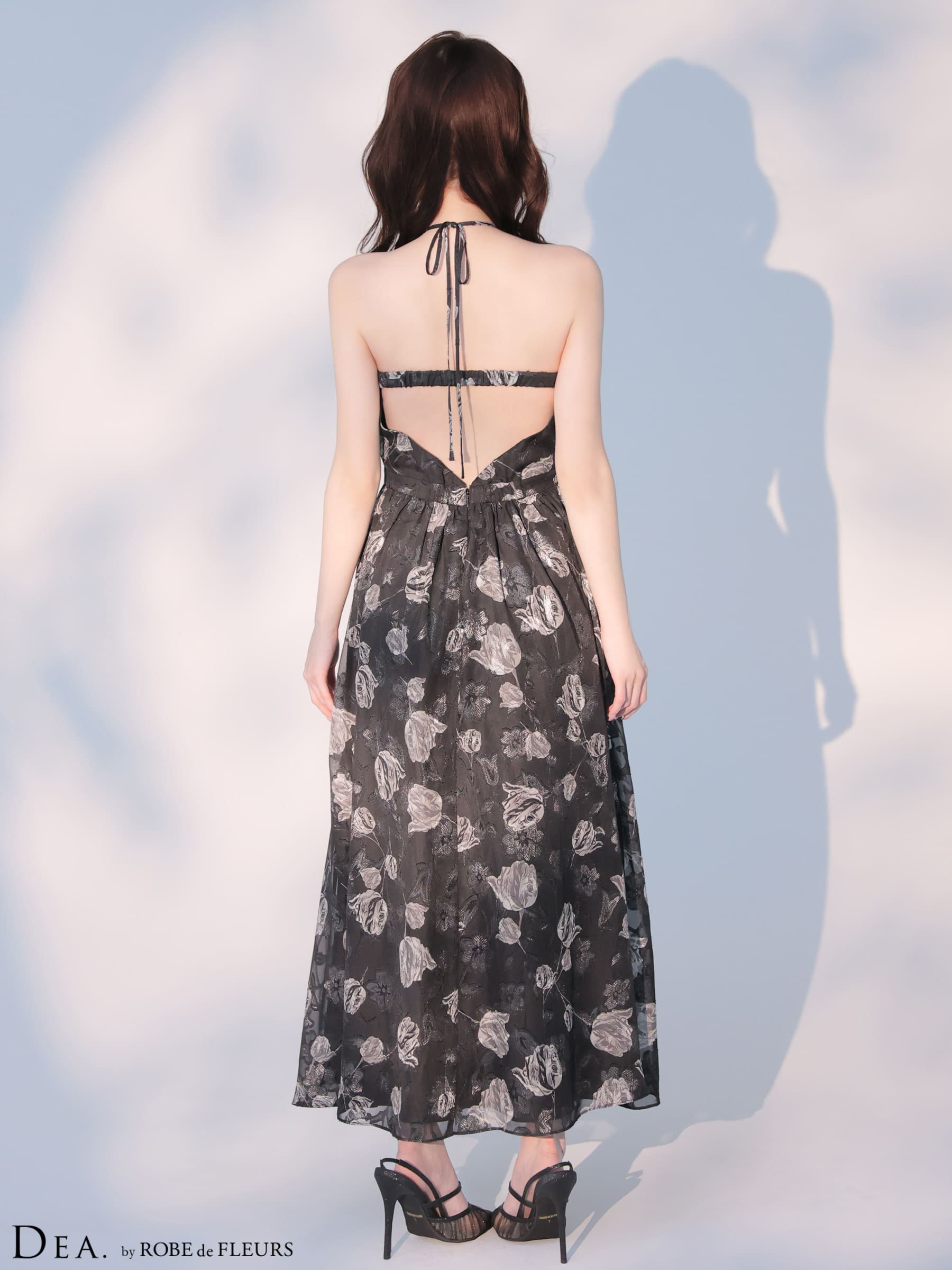 ノースリーブ オーガンジ ティアード ジップデザイン ウエストベルト フラワー フレアロングドレスのイメージ画像5