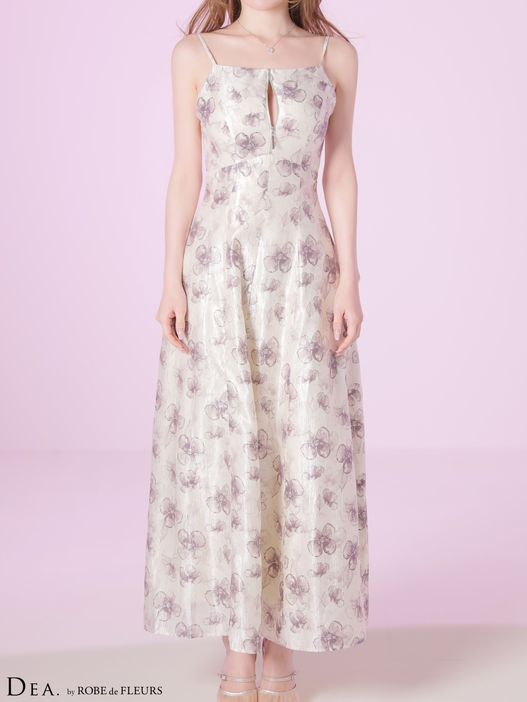 キャミソール バックオープン フラワー ジップデザイン サテン Aラインロングドレスのイメージ画像5