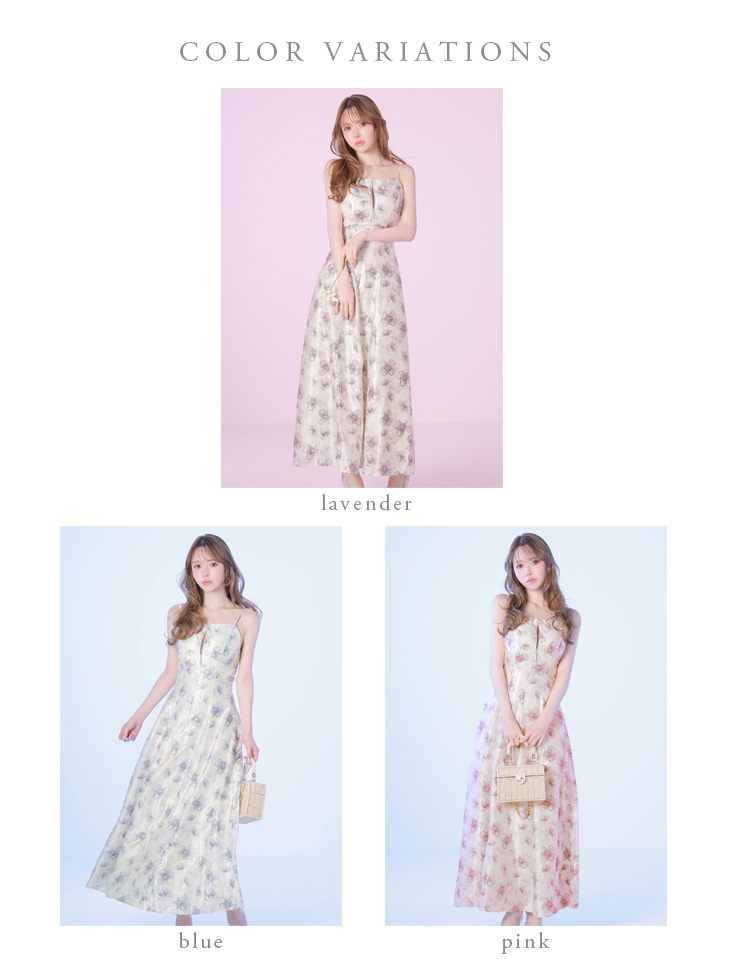 キャミソール バックオープン フラワー ジップデザイン サテン Aラインロングドレスのイメージ画像7