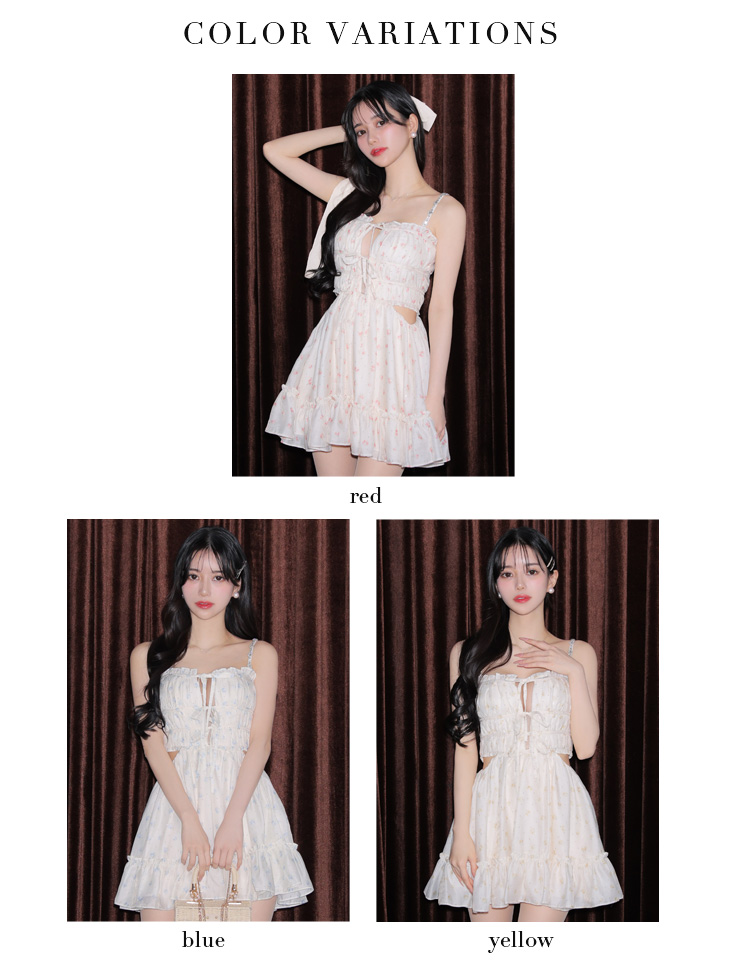 フラワー スタッズ リボン キャミソール シフォン ウエストカット ビジュー ガーリー フレアミニドレスのイメージ画像6