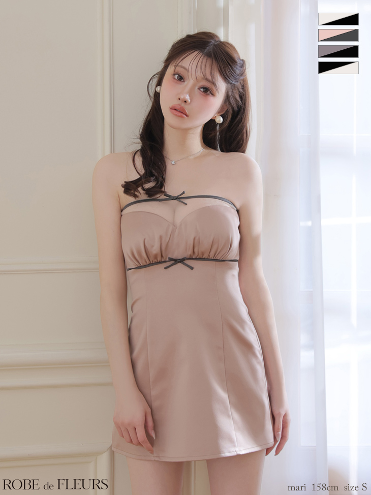 ベアトップ サテン オーガンジー リボン ギャザー タイトミニドレスのイメージ画像2