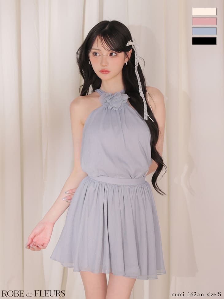 ホルターネック フラワーブローチ バックリボン ラメシフォン レース フレアミニドレスのイメージ画像3