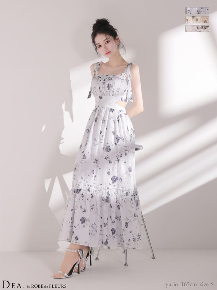 ノースリーブ サイドカット フラワーシフォン Aラインロングドレスのイメージ画像1