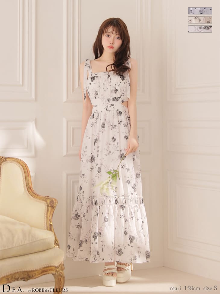 ノースリーブ サイドカット フラワーシフォン Aラインロングドレスのイメージ画像2