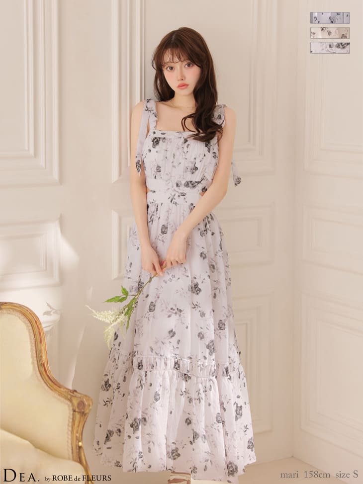 ノースリーブ サイドカット フラワーシフォン Aラインロングドレスのイメージ画像3