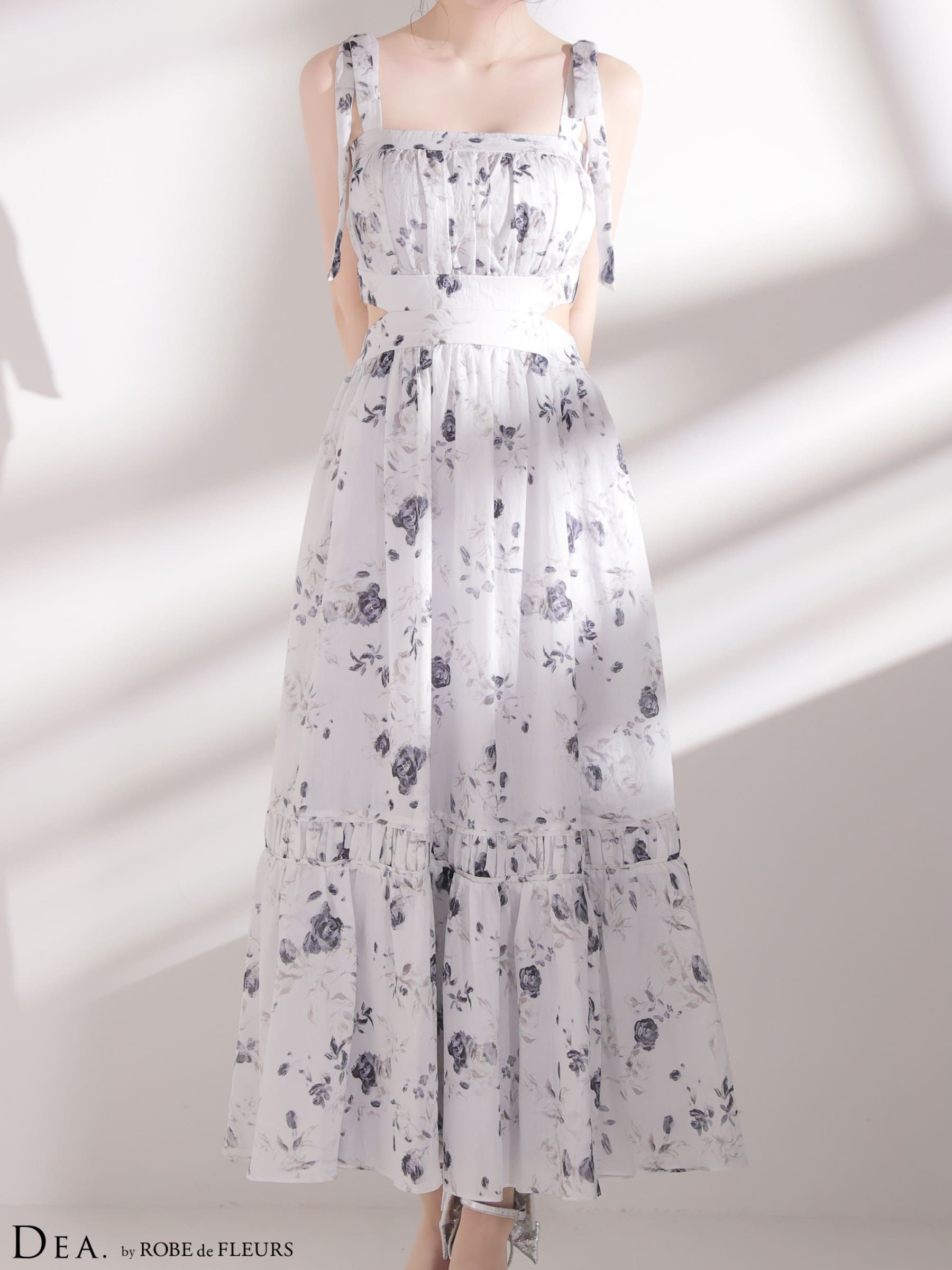 ノースリーブ サイドカット フラワーシフォン Aラインロングドレスのイメージ画像4