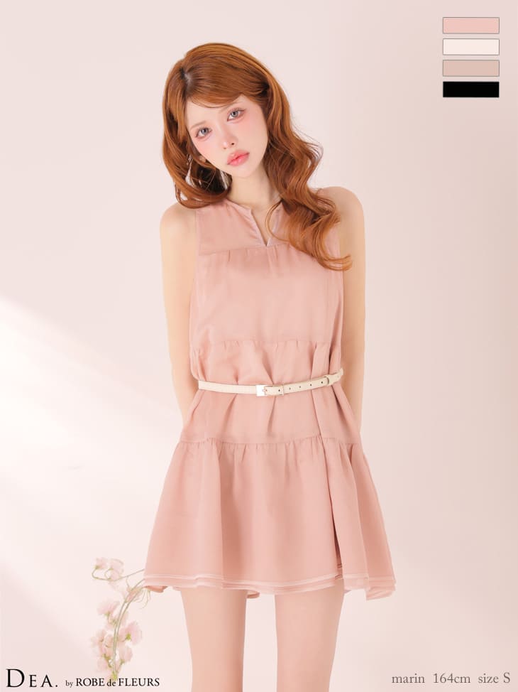 ノースリーブ ギャザー ウエストベルト ティアード シフォン ワンカラー フレアミニドレスのイメージ画像1