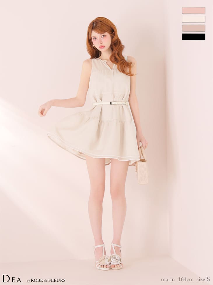 ノースリーブ ギャザー ウエストベルト ティアード シフォン ワンカラー フレアミニドレスのイメージ画像2