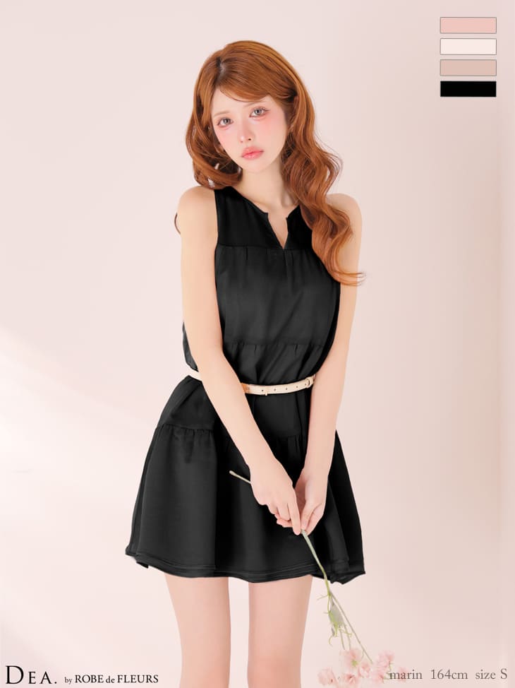 ノースリーブ ギャザー ウエストベルト ティアード シフォン ワンカラー フレアミニドレスのイメージ画像4