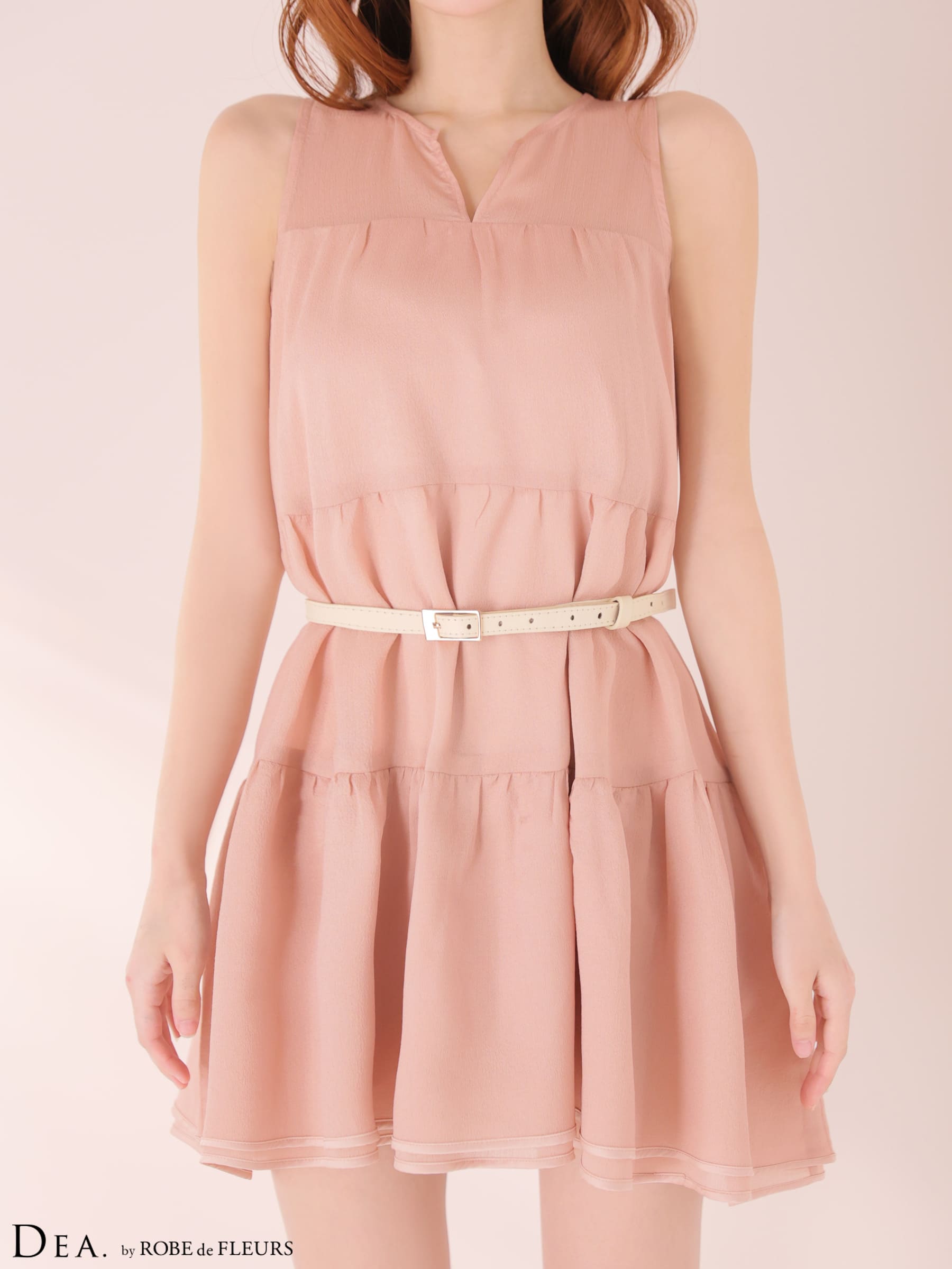 ノースリーブ ギャザー ウエストベルト ティアード シフォン ワンカラー フレアミニドレスのイメージ画像5