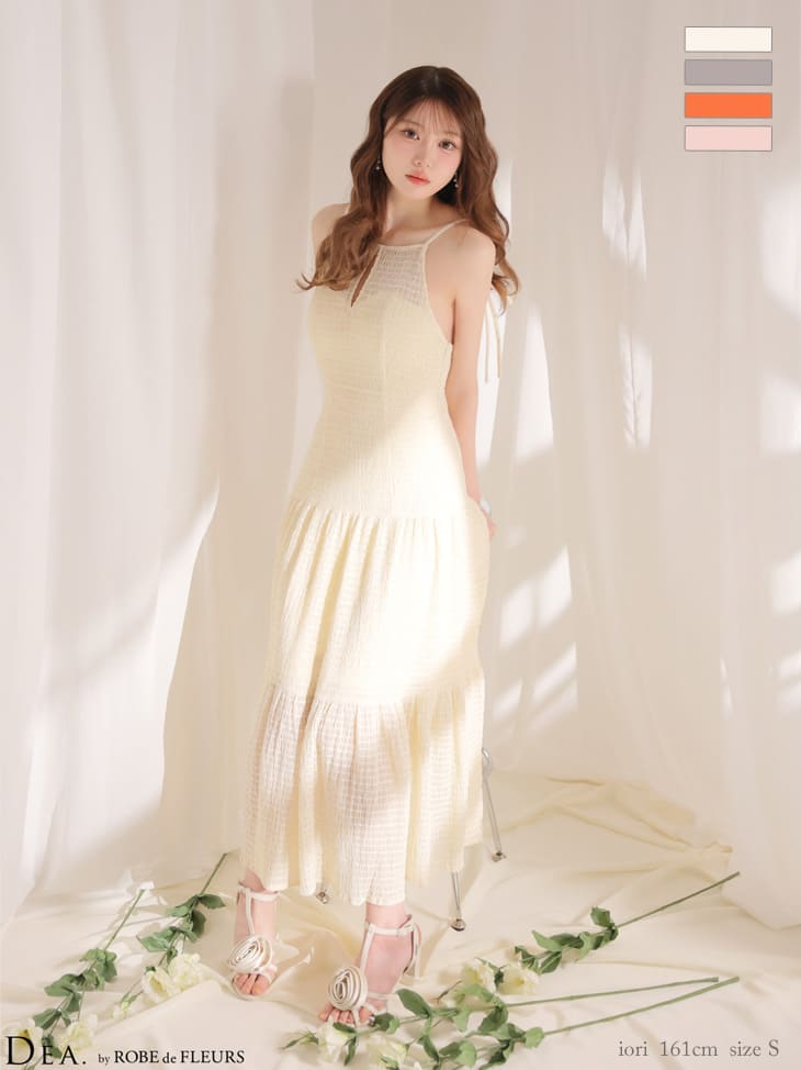 キャミソール リボン バストカット バックオープン ギャザーシフォン Aラインロングドレスのイメージ画像1